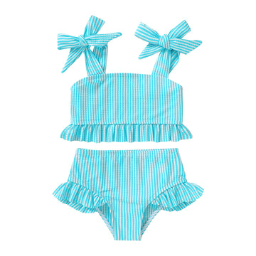 Younger Tree Toddler Girls Two Pieces Swimsuit Color Block Stripe Swimwear Summer Beach Bathing Suit 18M-5T(Blue 18-24 Months)