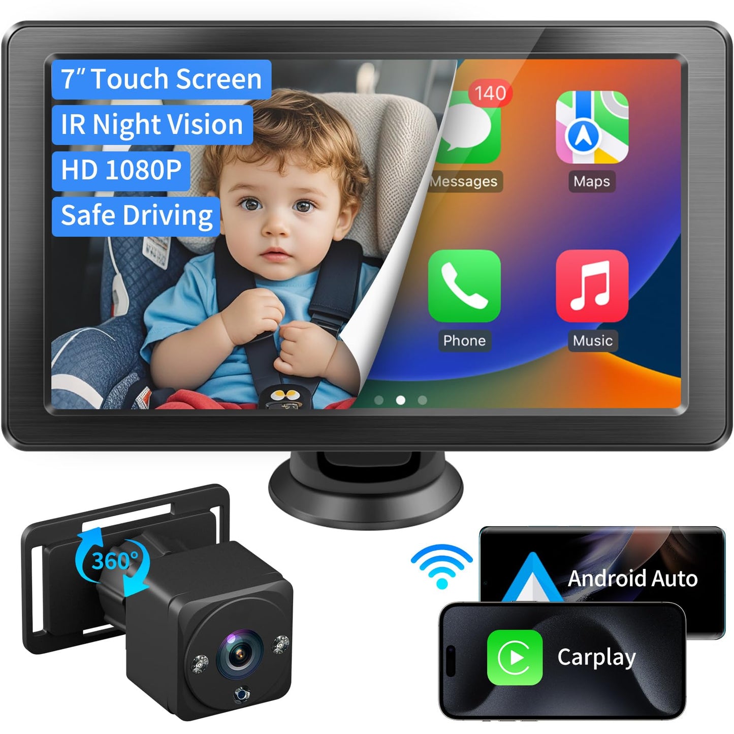 Faninso 7 HD Touchscreen Baby Car Camera - Car Baby Monitor with Apple CarPlay, 1080p Ultra Night Vision, Invisible Infrared Lig