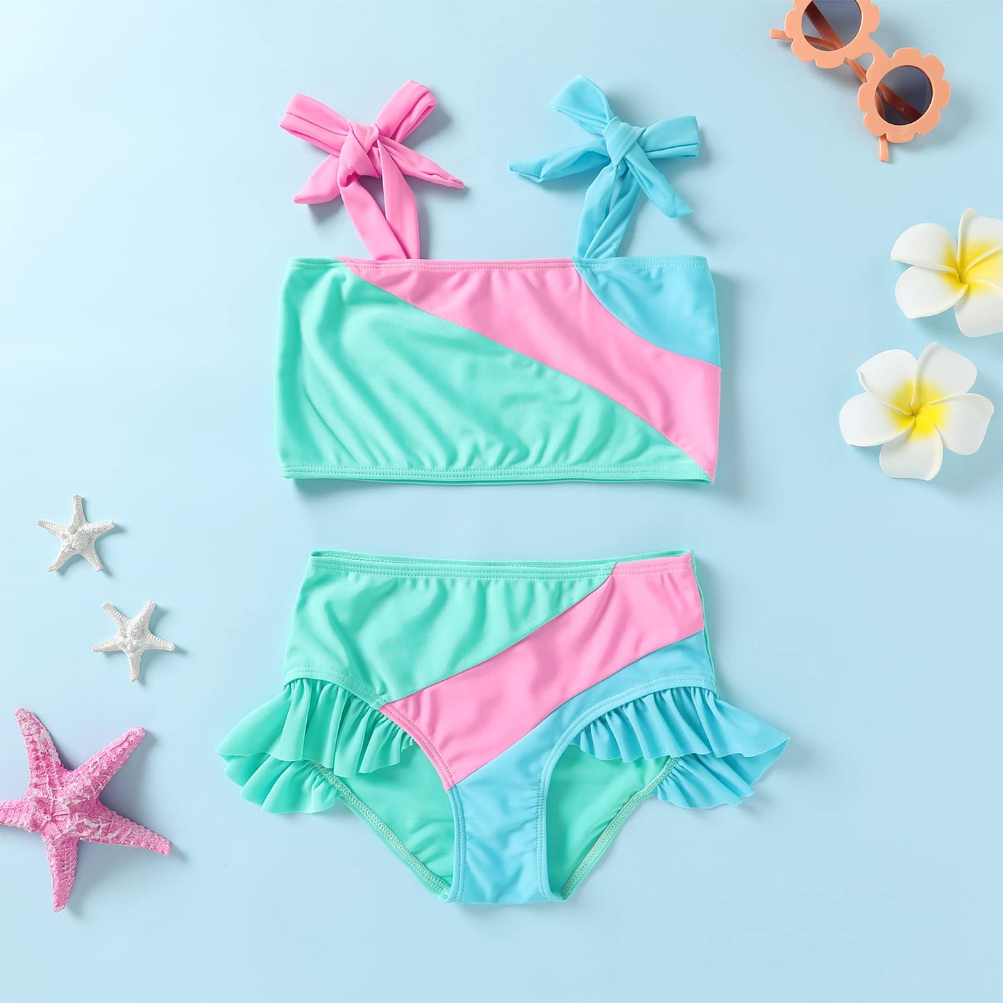 Younger Tree Toddler Girls Two Pieces Swimsuit Color Block Stripe Swimwear Summer Beach Bathing Suit (Green 6-7T)