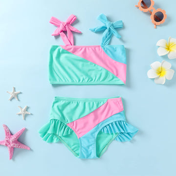 Younger Tree Toddler Girls Two Pieces Swimsuit Color Block Stripe Swimwear Summer Beach Bathing Suit (Green 6-7T)