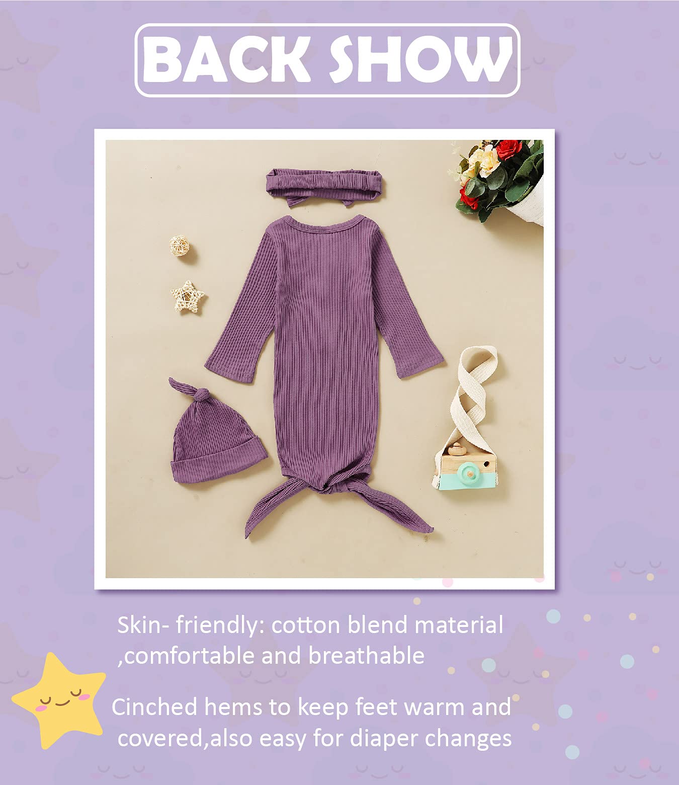 Morygooder Newborn Cotton Nightgowns Neutral Baby Knotted Sleeper Baby Coming Home Outfit (Purple, 0-6 Months)