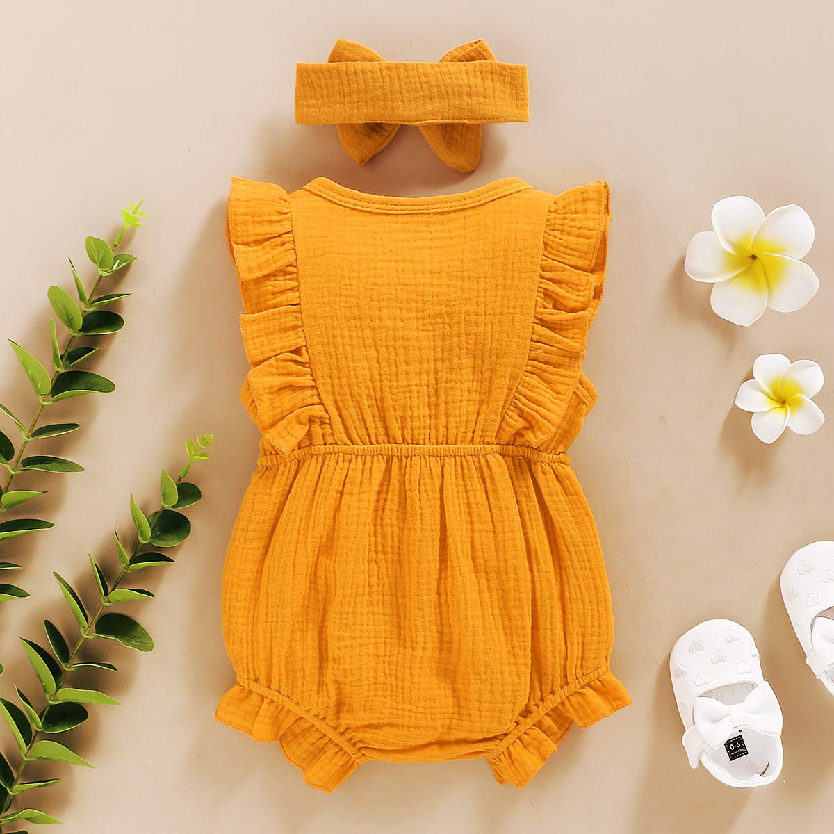 Younger Tree Toddler Baby Girl Ruffled Sleeveless Romper Casual Summer Jumpsuit Cotton Linen Clothes (Button-Yellow, 18-24 Month
