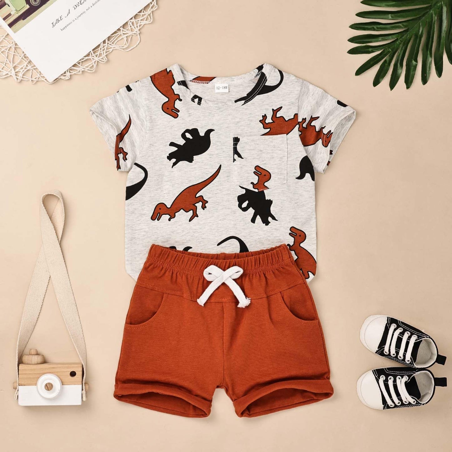 Odimame Toddler Boy Clothes 2T Baby Boy Clothes Summer Outfits Dinosaur T-Shirt Pocket Short Pants Set Brown 2-3T/90Cm