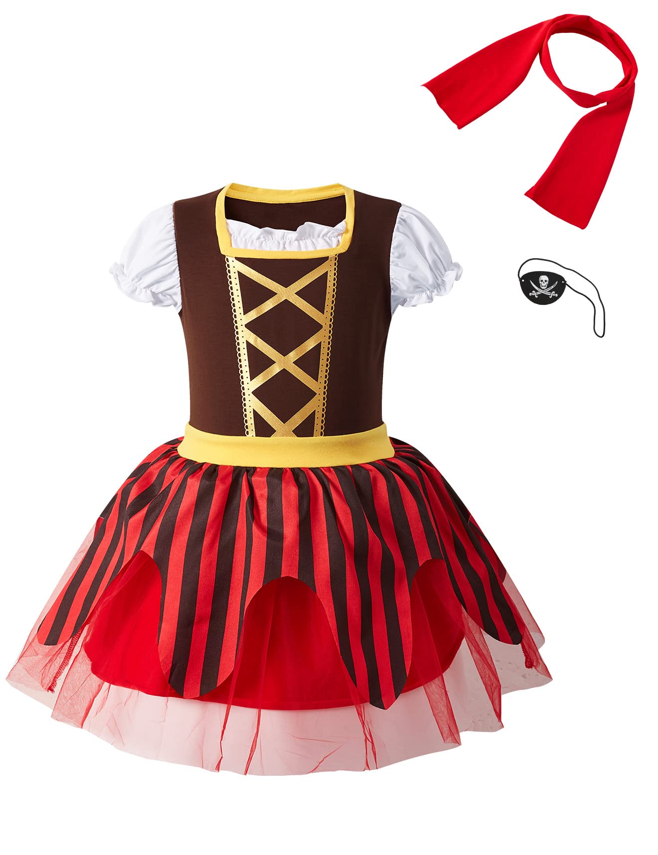 Auggle 3Pc Toddler Baby Girl Outfits Halloween Costume Stripe Skirt Kid Pirate Puff Sleeve Dress With Head Scarf (12-18Months)