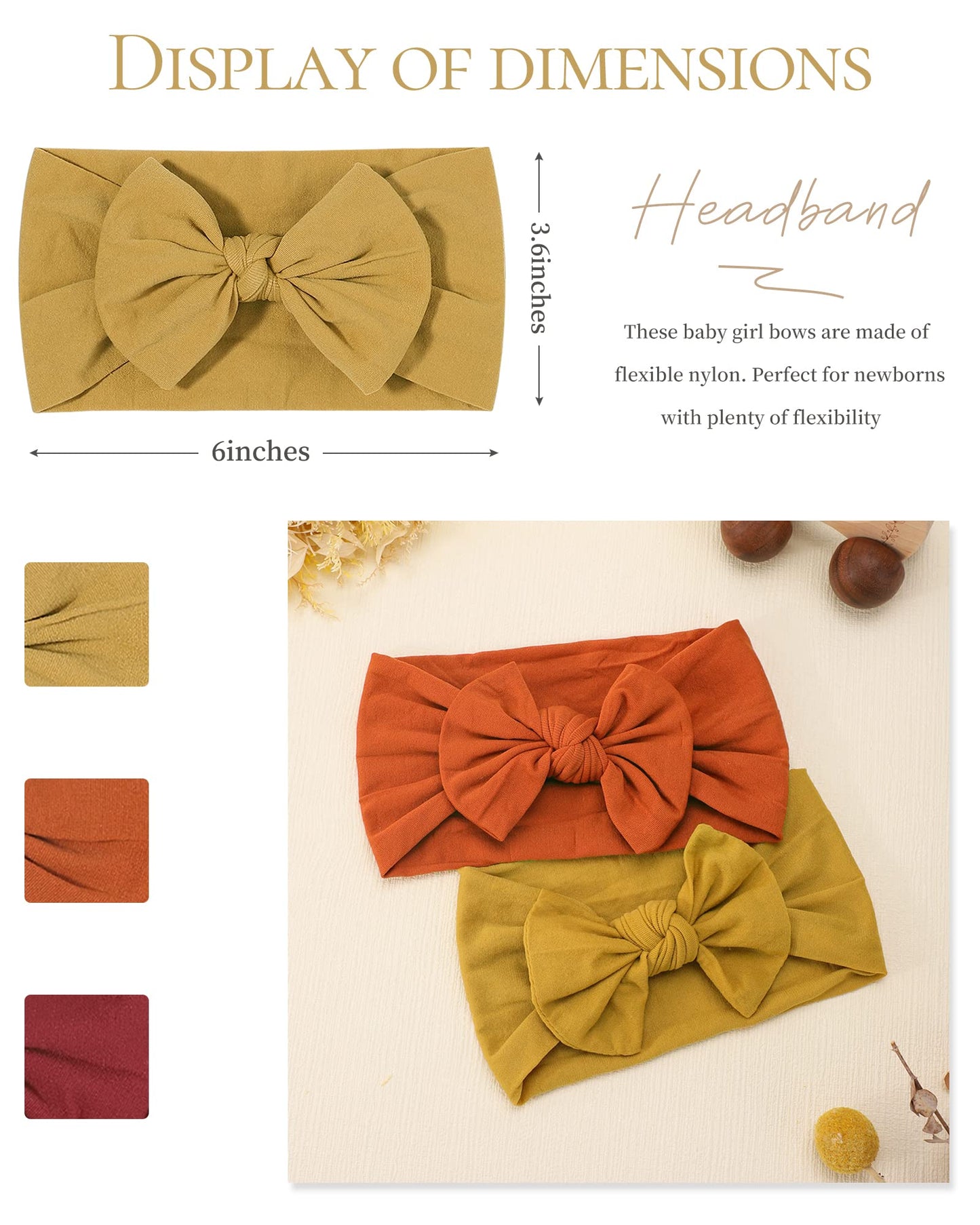 Jollybows 3Pcs Baby Nylon Headbands Hairbands Hair Bow Elastics For Baby Girls Newborn Infant Toddlers Kids (3-Yellow+Orange+Bur