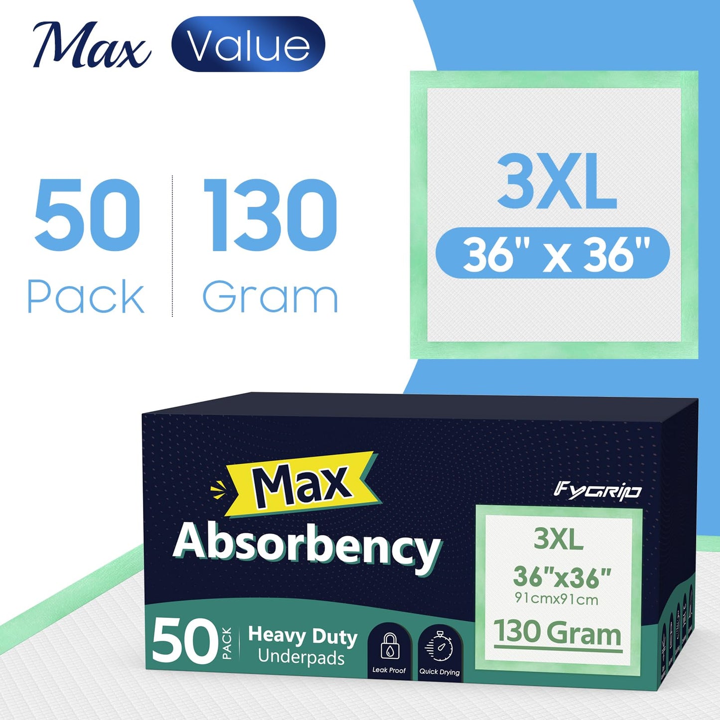 Fygrip 50 Count Hospital Grade 130 Gram 36    X 36    Max Absorbency Disposable Underpads, Leakproof Quick Drying Xxxl Bed Pads