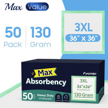 Fygrip 50 Count Hospital Grade 130 Gram 36    X 36    Max Absorbency Disposable Underpads, Leakproof Quick Drying Xxxl Bed Pads
