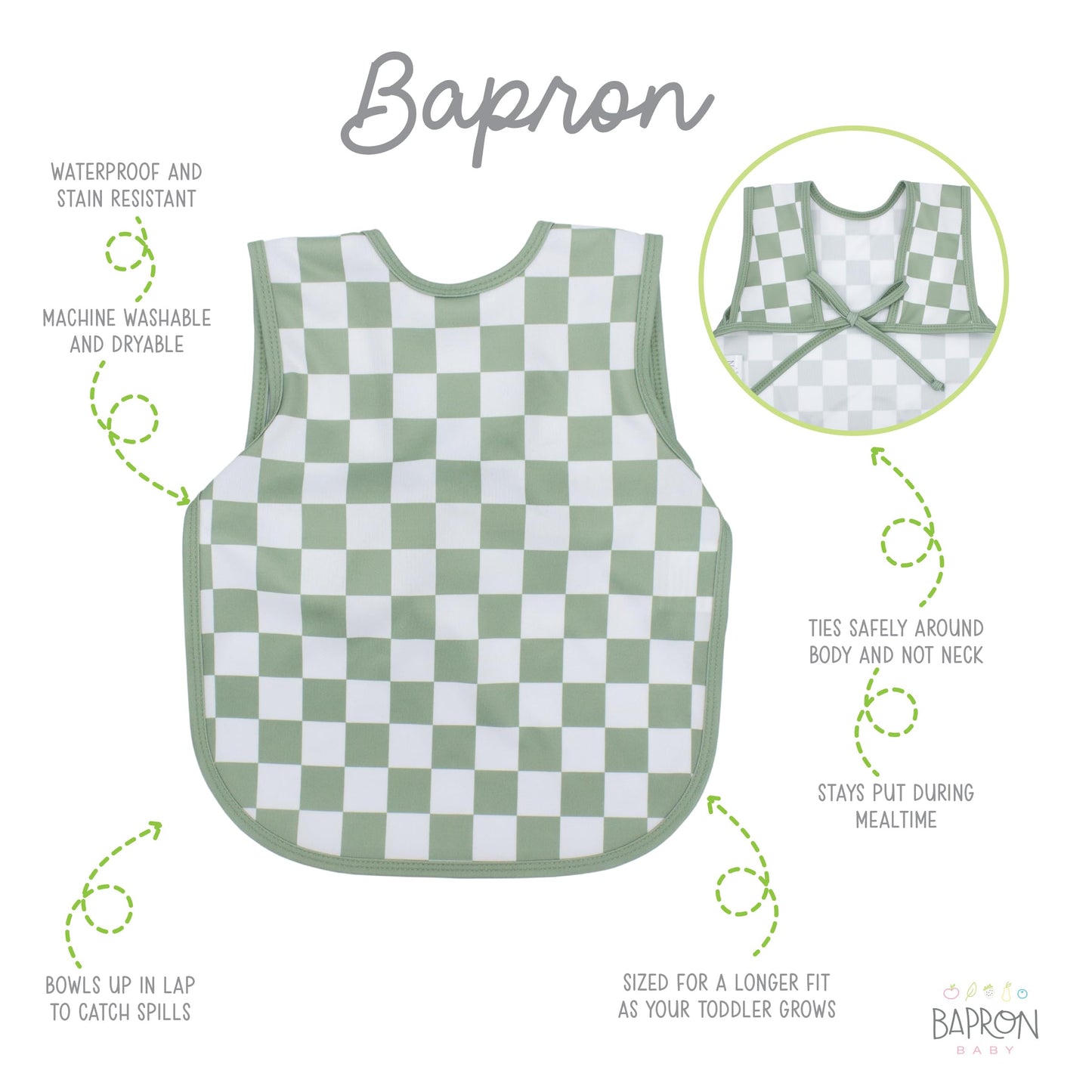 Bapronbaby Sage Checkerboard Bapron - No Neck Tie Safer Bib For Baby & Toddler - Soft Waterproof Stain Resistant - Machine Washa