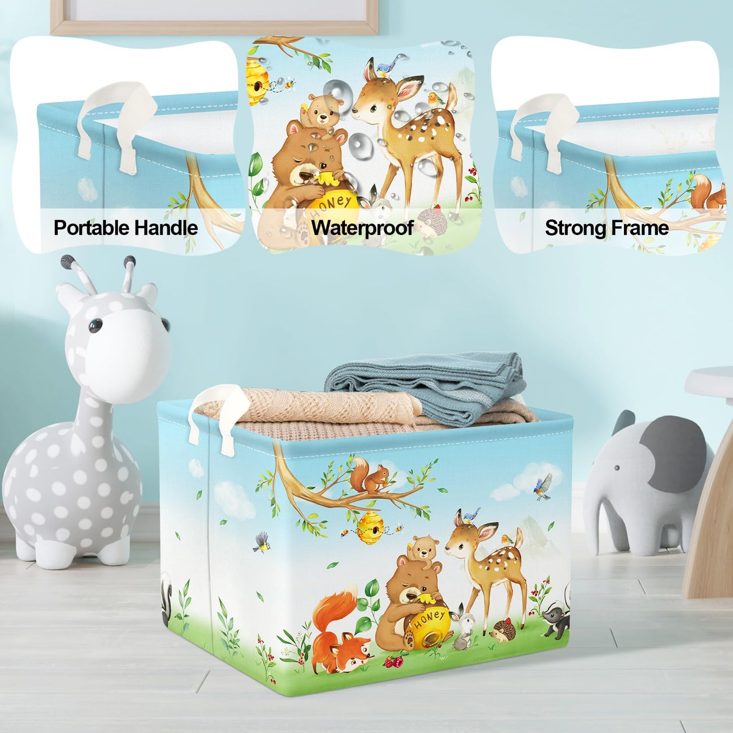 Clastyle Forest Animal Party Nursery Storage Basket Fox Bear Deer Blue Rectangle Classroom Shelf Basket Bird Squirrel Grass Clot