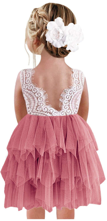 2Bunnies Girl Peony Lace Back A-Line Tiered Tutu Tulle Flower Girl Dress (Dusty Rose Sleeveless Short, 6M)