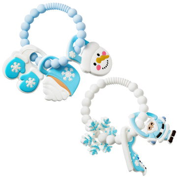 2Pcs Christmas Baby Silicone Teething Toys - Santa and Sleigh Ring, Soft Snowman Snowflake Teether for Toddlers - Chew Toy Gifts