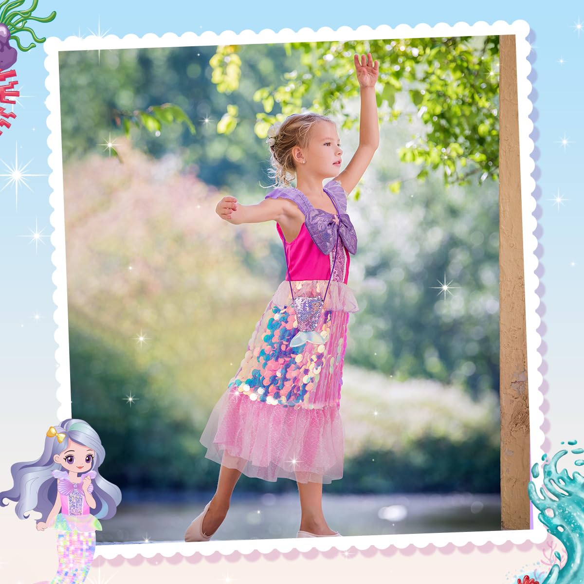 Meland Princess Dress Up For Girls 3-8, Mermaid Dress For Girls With Bag, Dress Up Clothes For Girls Halloween Costume