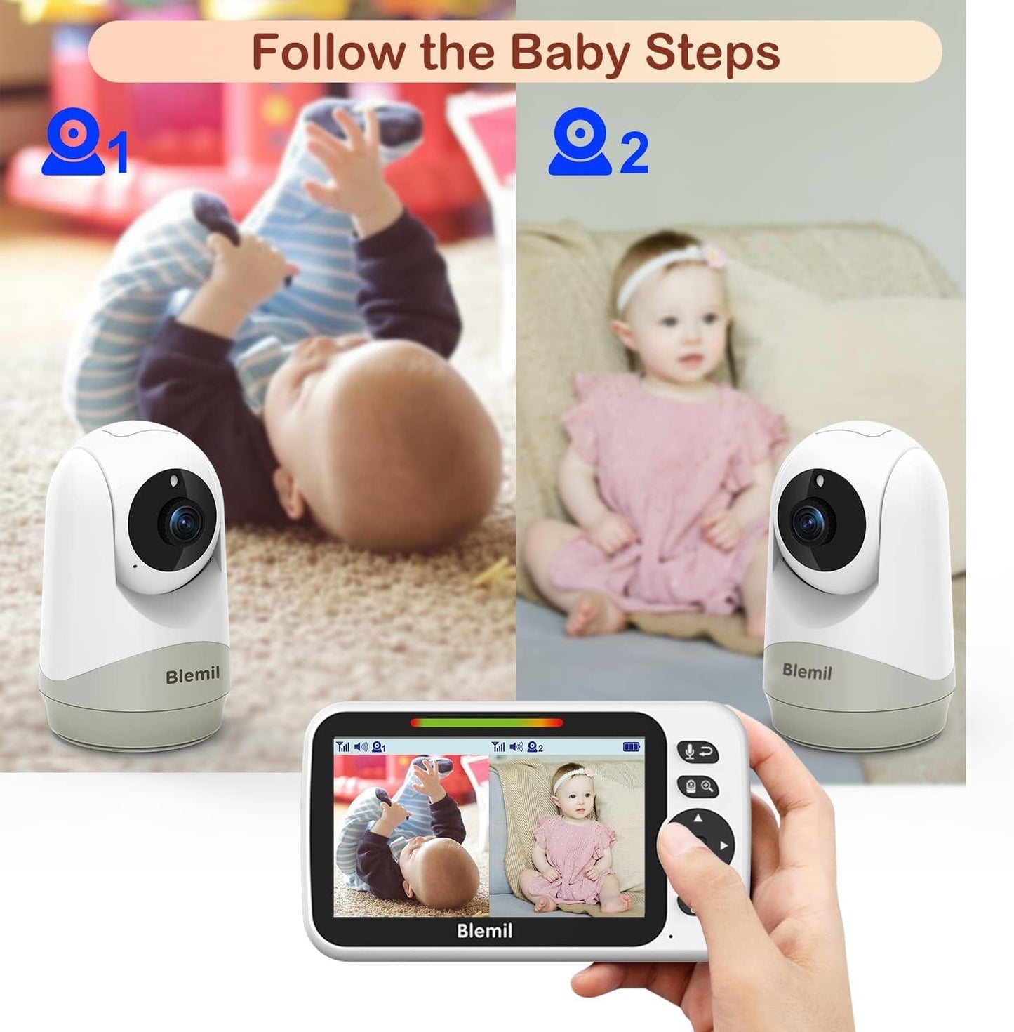 Blemil Upgrade Baby Monitor With 30-Hour Battery, 5' Large Split-Screen Video Baby Monitor With 2 Cameras And Audio, Remote Pan