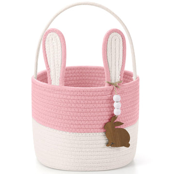 Silifine Easter Baskets Easter Bunny Basket With Name Tag Rabbit Ear Basket Rustic Woven Round Blanket Storage For Kid Candy Gif