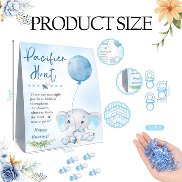 Guawubiang 51Pcs Cute Elephant Decor Baby Shower Games, Include Baby Pacifier Hunt Sign And 50 Blue Mini Pacifiers, Mini Pacifie