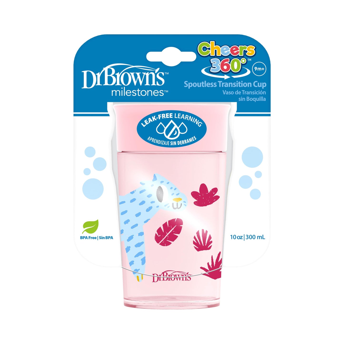 Dr. Browns Milestones Cheers 360 Cup Spoutless Transition Cup, Travel Friendly & Leak-Free Sippy Cup, Pink Leopard, 10 Oz/300 Ml
