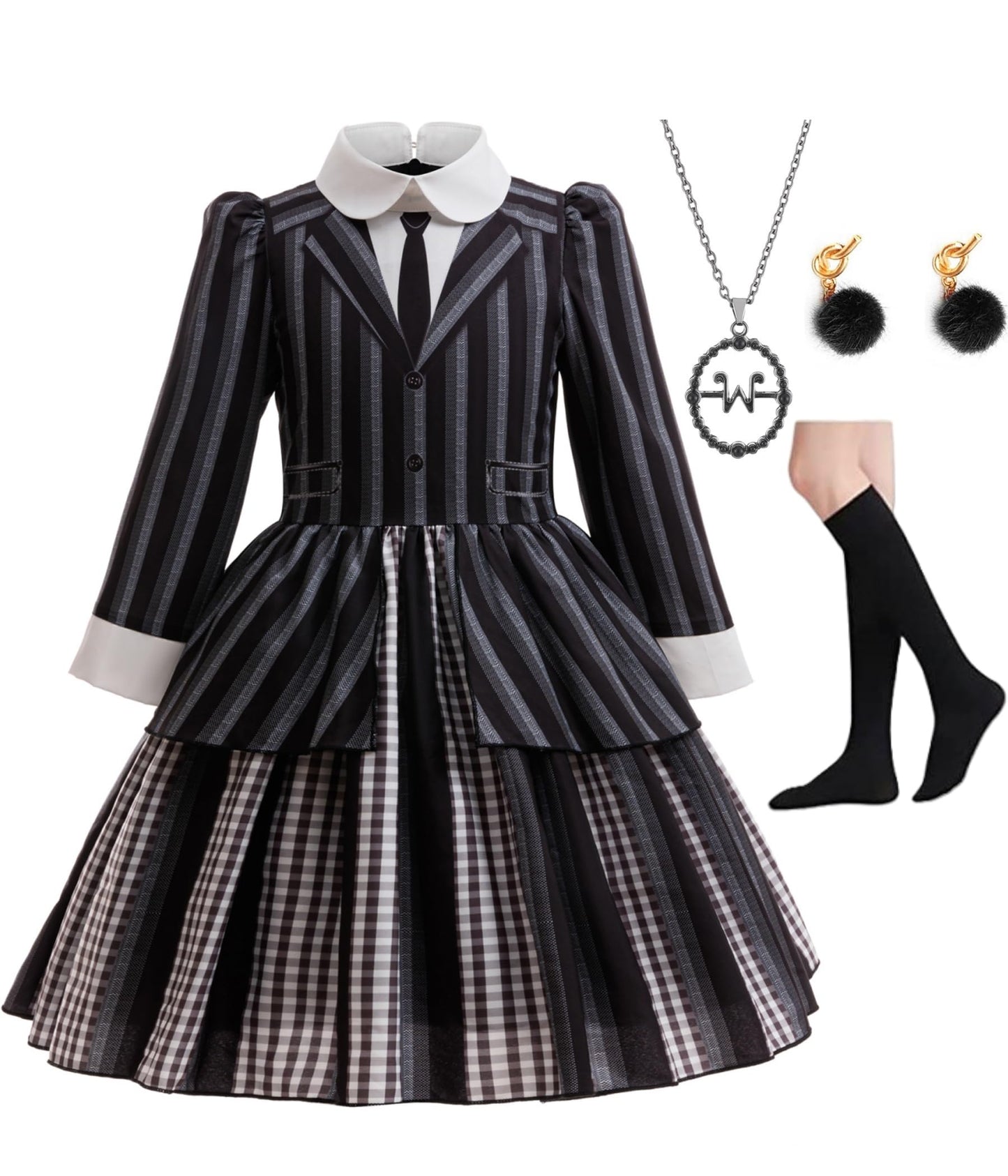 Xefenki Black Addams Costume Dress Kids Girls Halloween Cosplay Birthdays Outfits 9-10Y