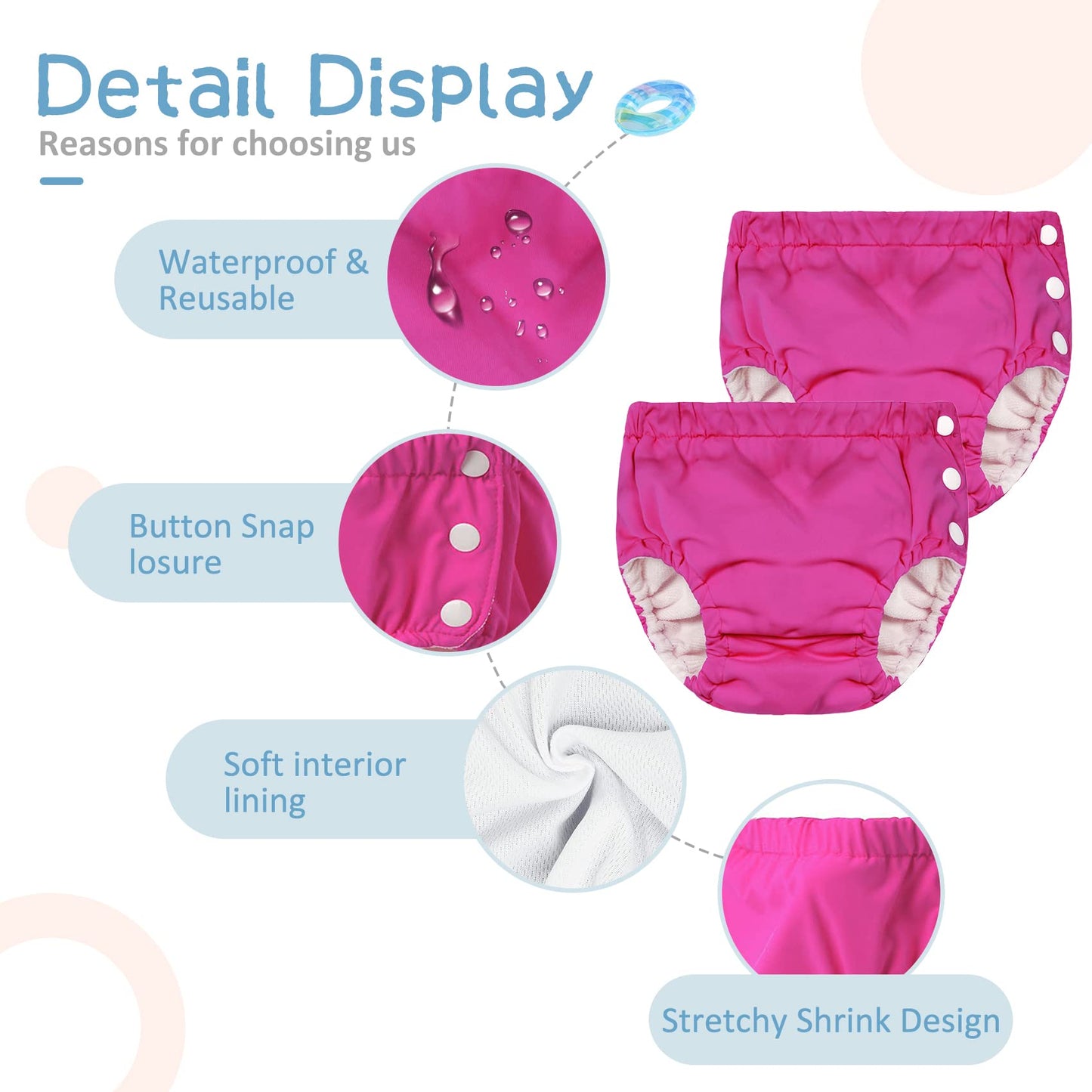Durio Reusable Diapers Baby Washable Baby Swim Diapers Unisex Infant Swim Diaper Waterproof Baby Swimming Diaper White Rose 6-12