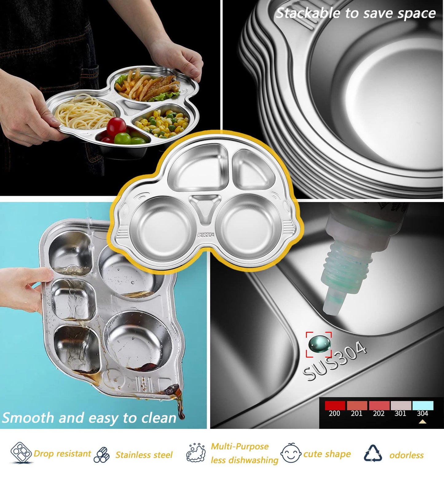 Stainless Steel Plate Divided Meal Tray Sections Dinner Dish For Babies, Toddlers And Kids Eating Food Car Shape Bpa-Free Safe F