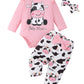 Fullfamous Baby Girl Clothes Gifts Outfits,Fall Winter Long Sleeve Romper And Pant Set Light Pink Cow 6-12 Months