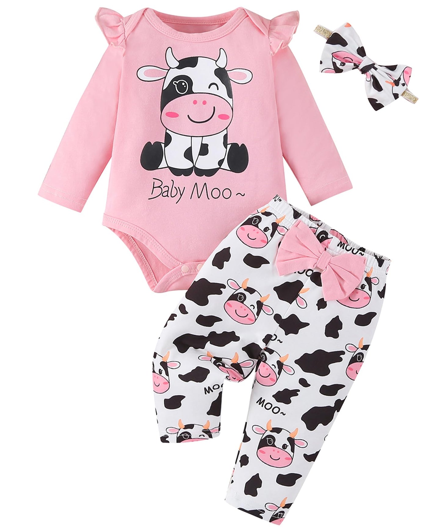 Fullfamous Baby Girl Clothes Gifts Outfits,Fall Winter Long Sleeve Romper And Pant Set Light Pink Cow 6-12 Months