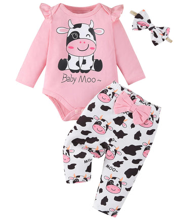 Fullfamous Baby Girl Clothes Gifts Outfits,Fall Winter Long Sleeve Romper And Pant Set Light Pink Cow 3-6 Months