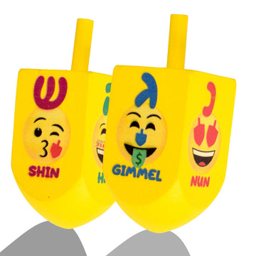 Izzy 'N' Dizzy Hanukkah Dreidels - Emoji Printed Wood Dreidel - 2 Pack Large - Chanukah Spinning Draidel Game
