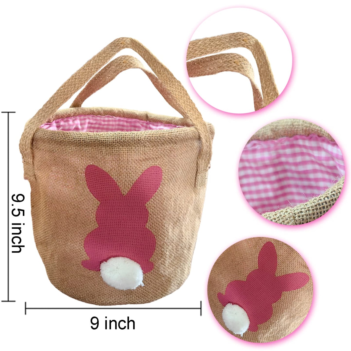 3Pcs Easter Bunny Basket - Burlap Carrying With Two Handles Gift And Eggs Hunt Bag, Fluffy Tails Printed Rabbit Toys Bucket Tote