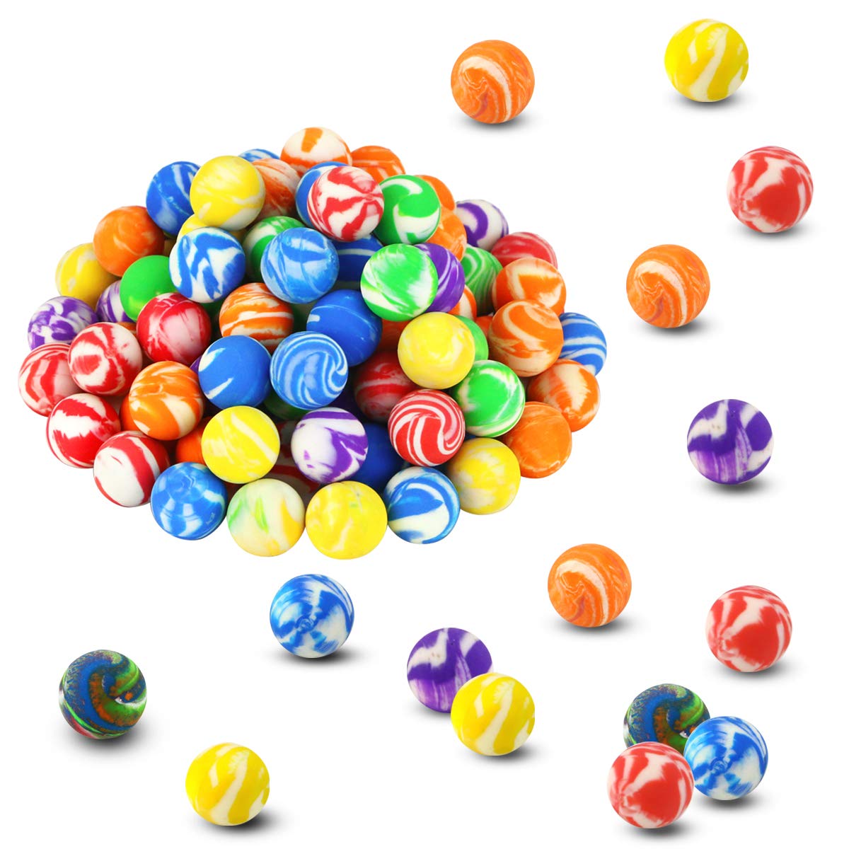 Oopsu 100 Pcs 18mm High Bouncing Balls, Assorted Colorful Rubber Balls, Mini Swirl Bouncing Balls Bouncing Balls Bulk Kit
