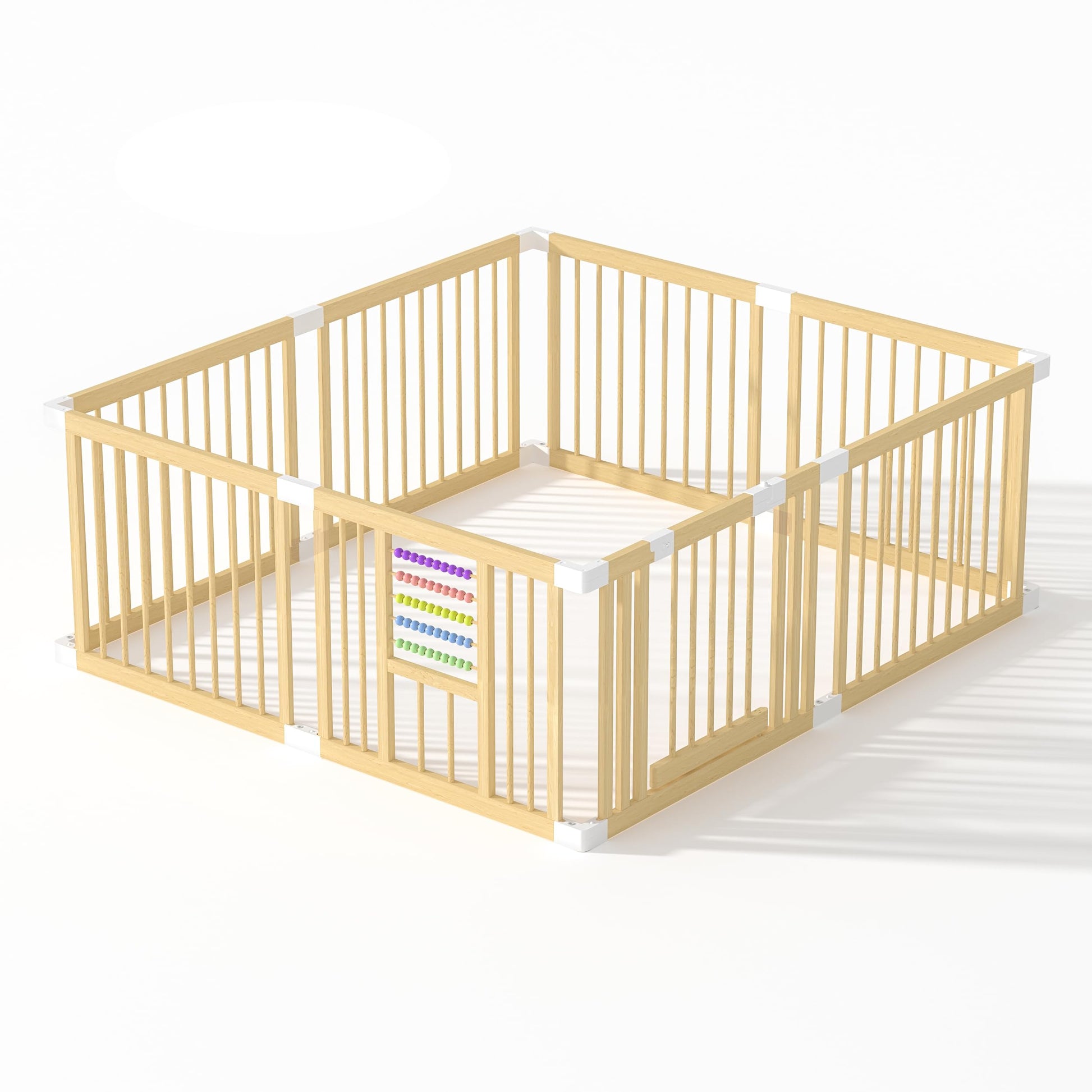 Baby Playpen with Gate, Wooden Playpen for Babies and Toddlers, Baby Play Yard with Colorful Acrylic Beads, Baby Fence Play Area
