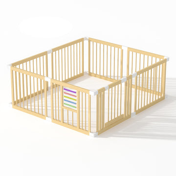 Baby Playpen with Gate, Wooden Playpen for Babies and Toddlers, Baby Play Yard with Colorful Acrylic Beads, Baby Fence Play Area