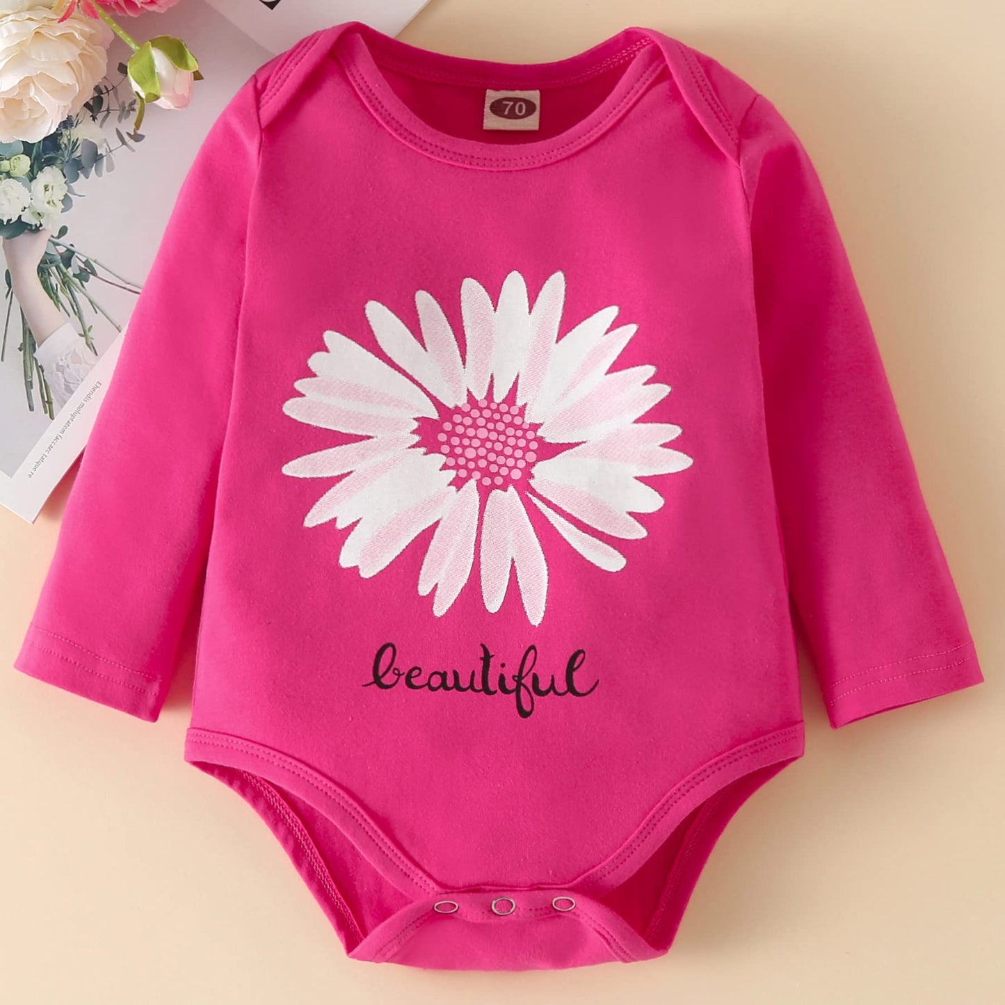 Fullfamous Baby Girl Clothes Gifts Outfits,Fall Winter Long Sleeve Romper And Pant Set Raspberry Sunflower Newborn