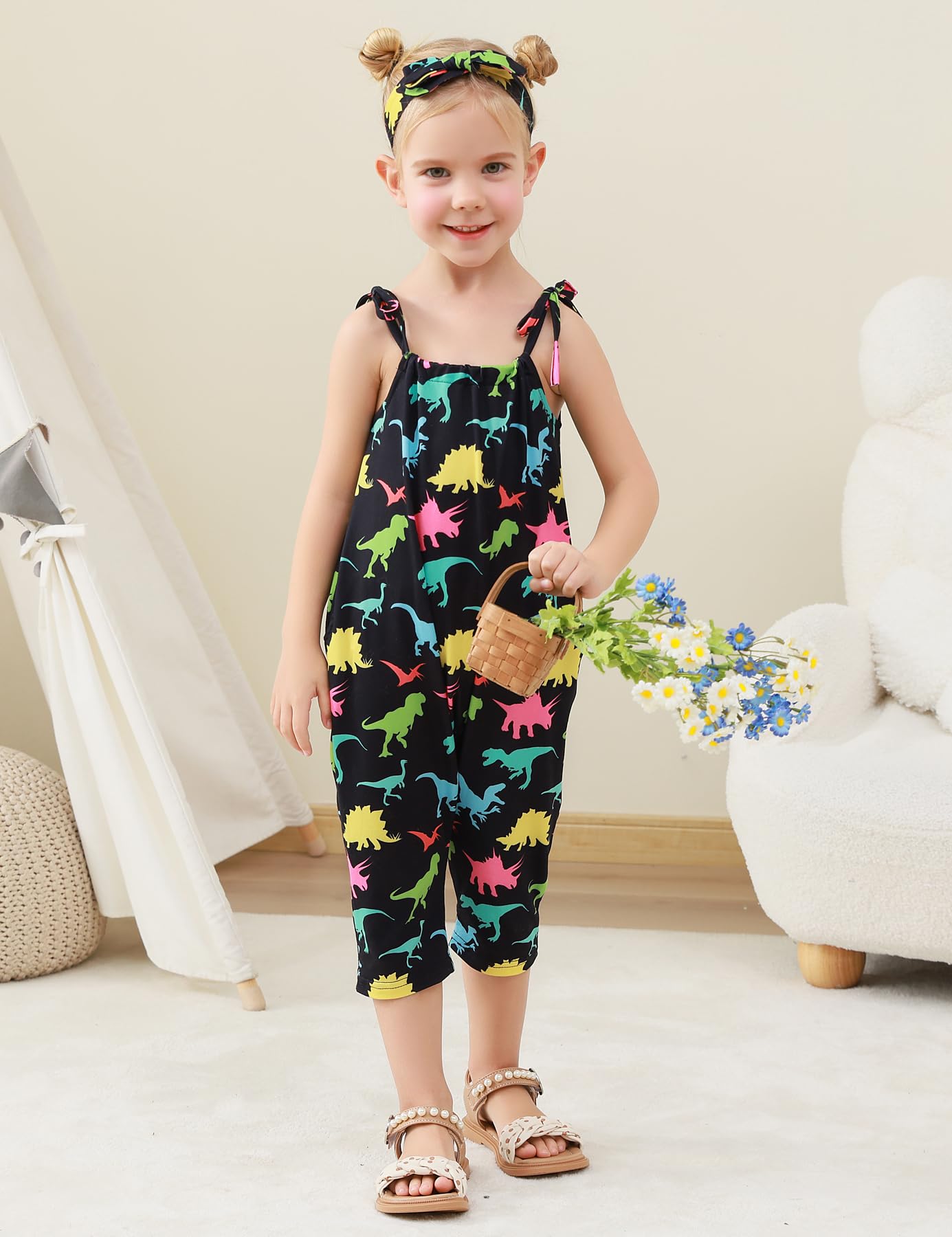 Lindanina Toddler Baby Girls Romper Dinosaur Sleeveless Jumpsuit Summer Cute Clothes Adjustable Tie-Up Strap 12-24 Months Infant