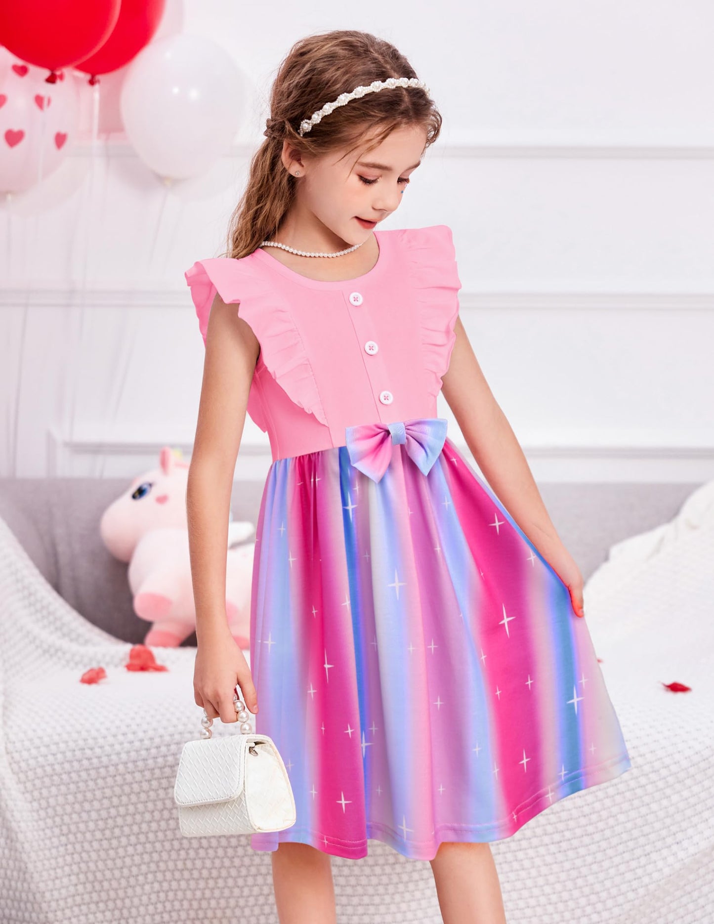 Arshiner Toddler Dress Little Girls Sleeveless Bow Tie Cute Pink Rainbow Valentine Birthday Party Sundress Size 4
