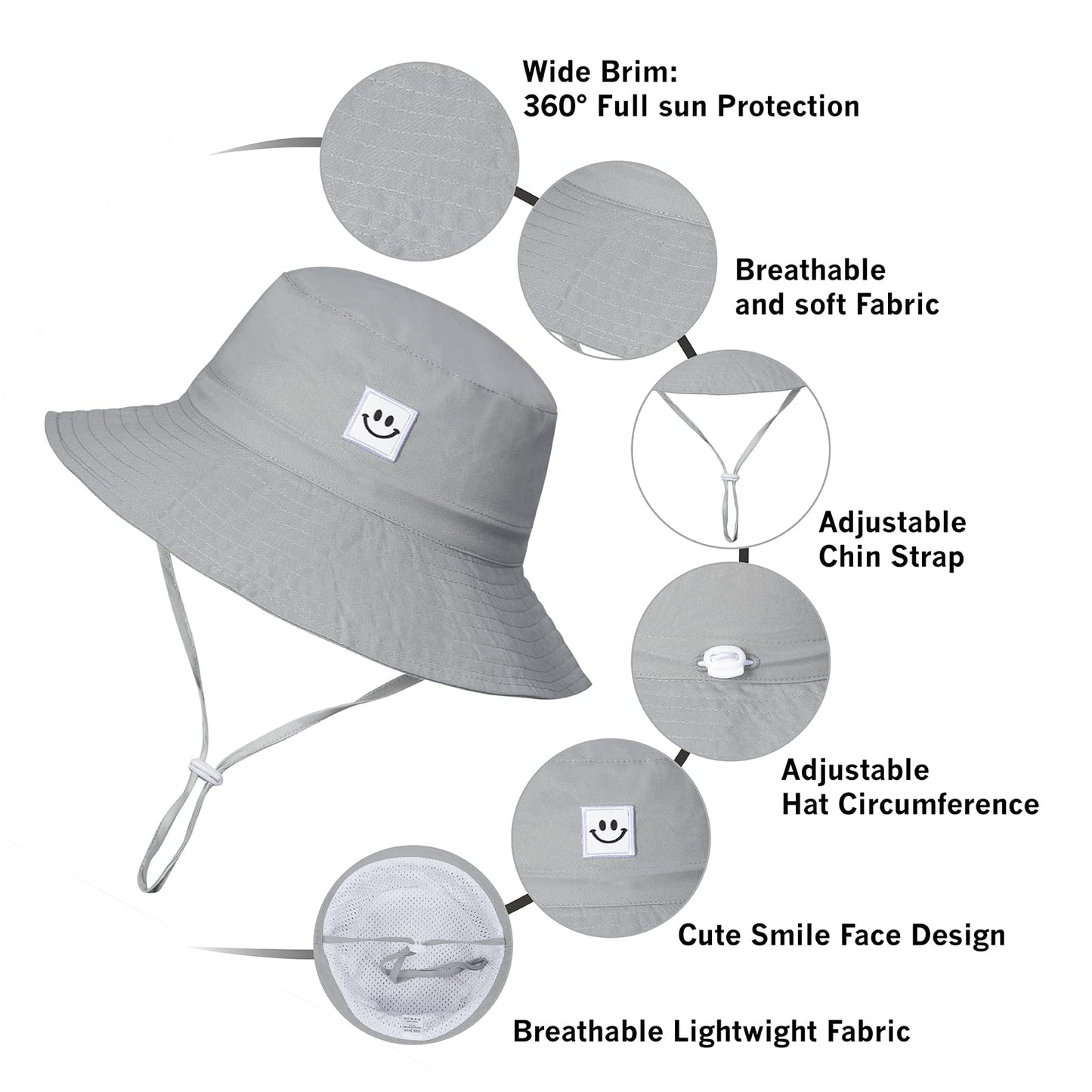 Toddler Sun Hat Baby Summer Hat For Boys 0-6 Months Smile Face Grey