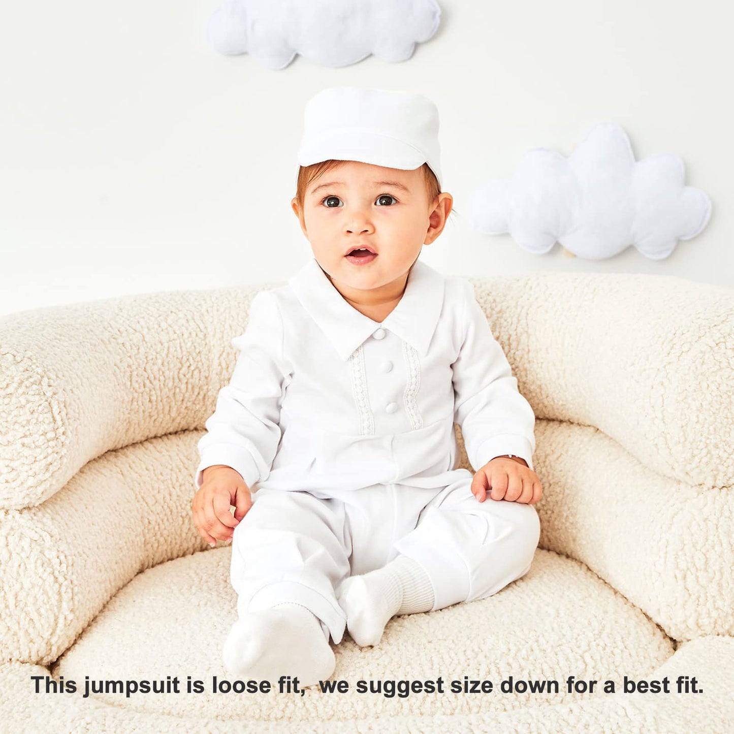 Pureborn Baby Boys Baptism Outfits Long Sleeve Jumpsuit With Bonnet 3 Pcs Spring Fall Cotton Christening Clothing White 0-3 Mont