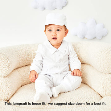 Pureborn Baby Boys Baptism Outfits Long Sleeve Jumpsuit With Bonnet 3 Pcs Spring Fall Cotton Christening Clothing White 0-3 Mont