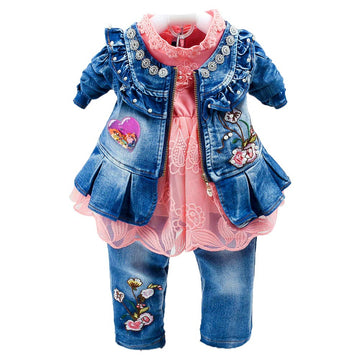Peacolate 6M-4Years Spring Fall Baby Girls Clothing Set 3Pcs Long Sleeve Dress Denim Jacket And Jeans(Orange,6-12Months)