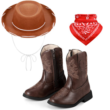Unittype Cowboy Accessory Set, Include Toddler Boys Cowboy Boots, Kids Felt Cowboy Hat With Bandanna, Kids Size (9 Toddler)