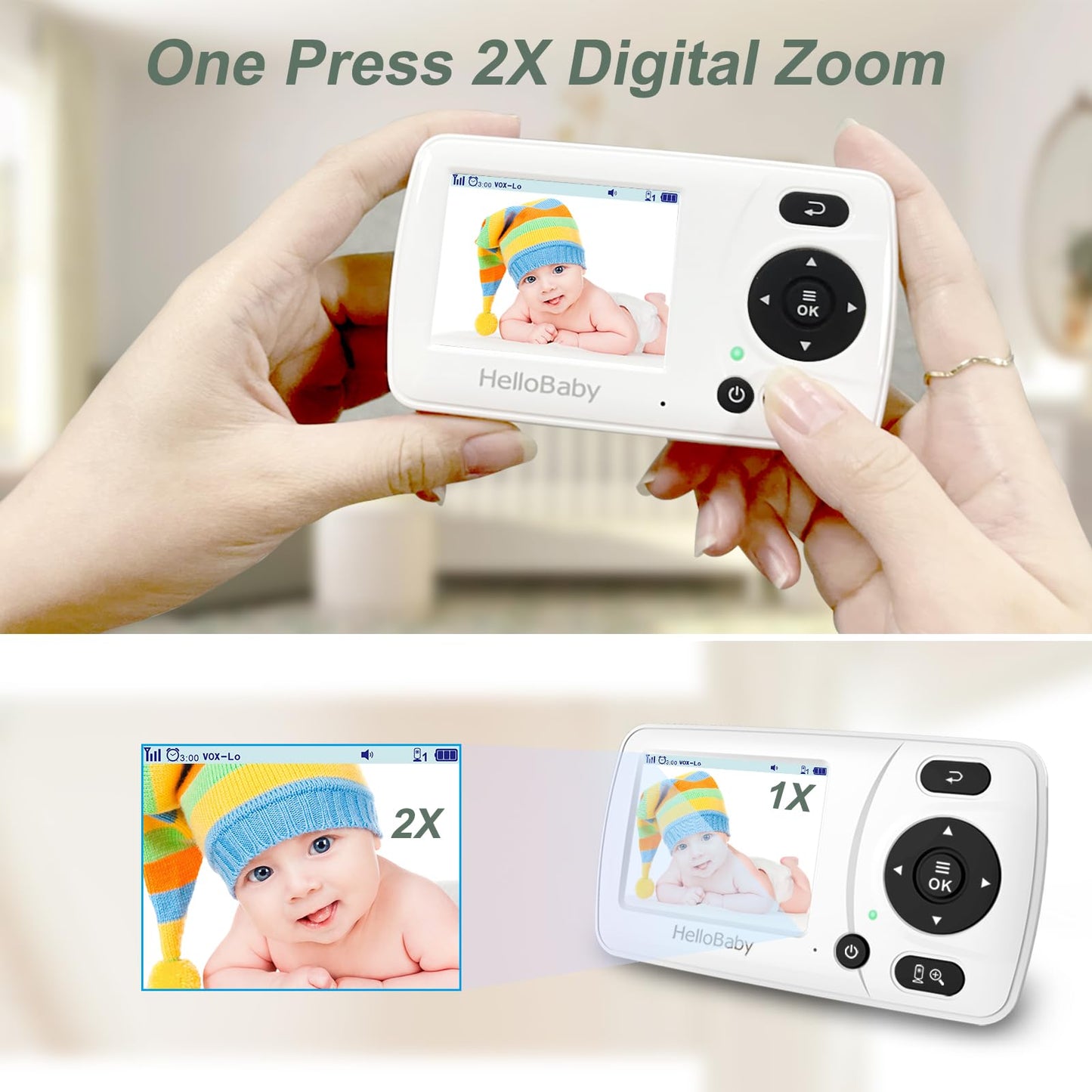 Hellobaby Monitor With 2 Cameras, 2.4'' Portable Travel Screen Baby Monitor No Wifi, 1000Ft Long Range Video Baby Monitor, Night