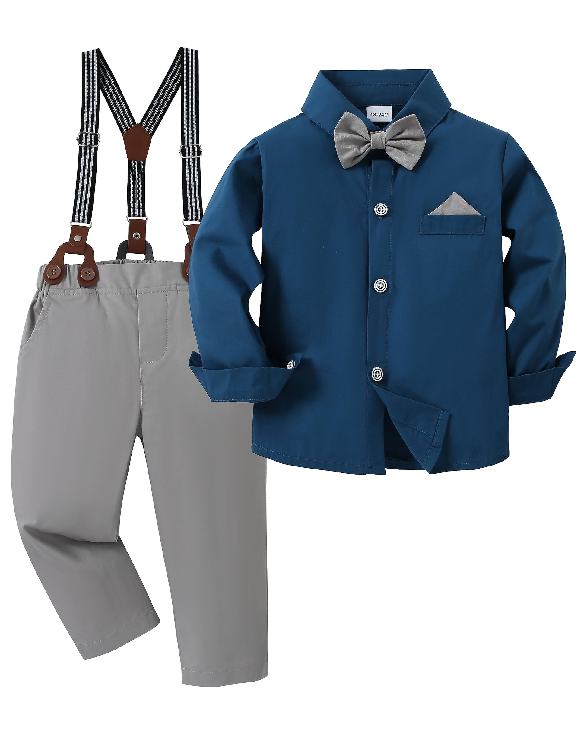 Disaur Baby Boy Clothes Suits, Toddler Dress Shirt With Bowtie + Suspender Pants Outfit Sets Gentleman Wedding 1-6 Years (Dark B