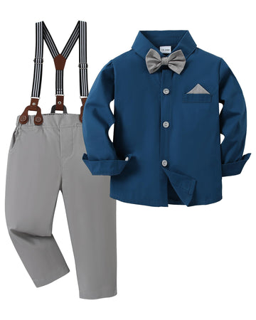 Disaur Baby Boy Clothes Suits, Toddler Dress Shirt With Bowtie + Suspender Pants Outfit Sets Gentleman Wedding 1-6 Years (Dark B
