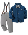 Matching Family Outfits Long Sleeve Dark Blue Grey Dress Shirt Bow Tie Suspender Pants Boys Church Outfit 4T 5T 4-5T
