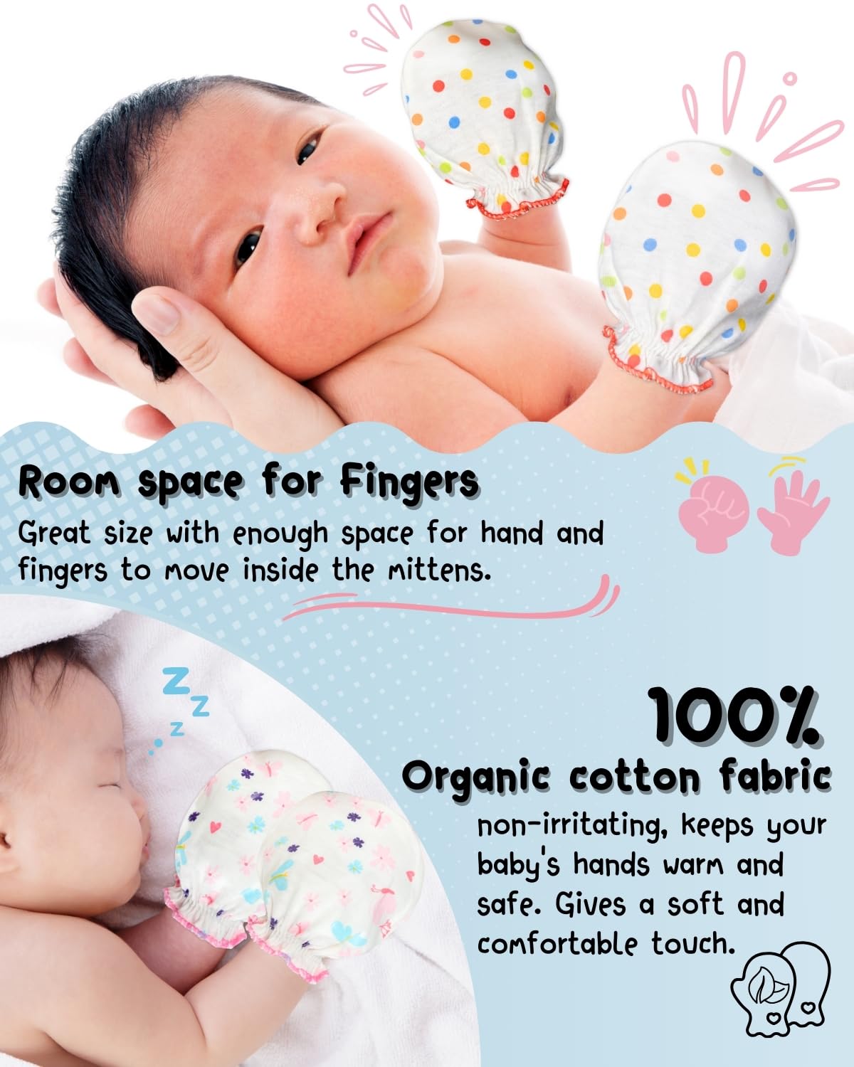 Rative Newborn Baby Cotton Gloves Sleep Sleeping No Scratch Mitten Mittens Mitts Set For 0-3 0-6 Months Boy Boys Girl Girls (9 P