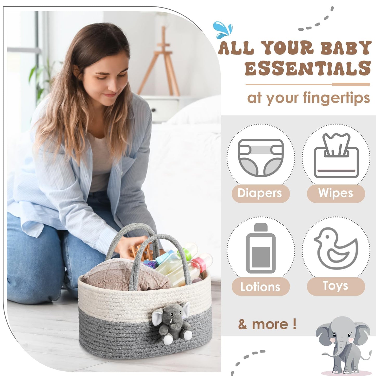 Foldtier Elephant Diaper Caddy Organizer Cart Storage For Nursery With Handle Baby Shower Basket Gift Baby Bath Caddy For Diaper