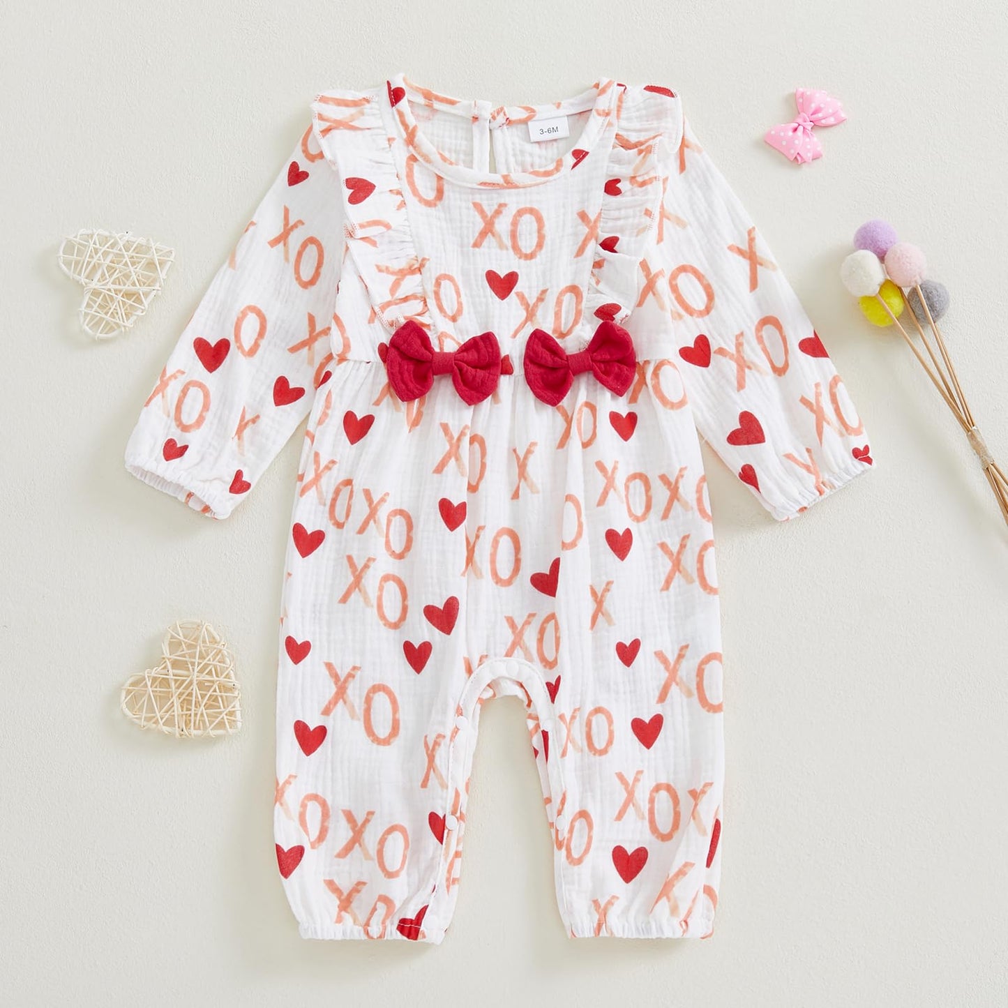 Doisbetthsay Valentines Day Baby Girl Outfit Long Sleeve Heart Print Romper Bodysuit Jumpsuit With Headband Baby Clothes (Valent