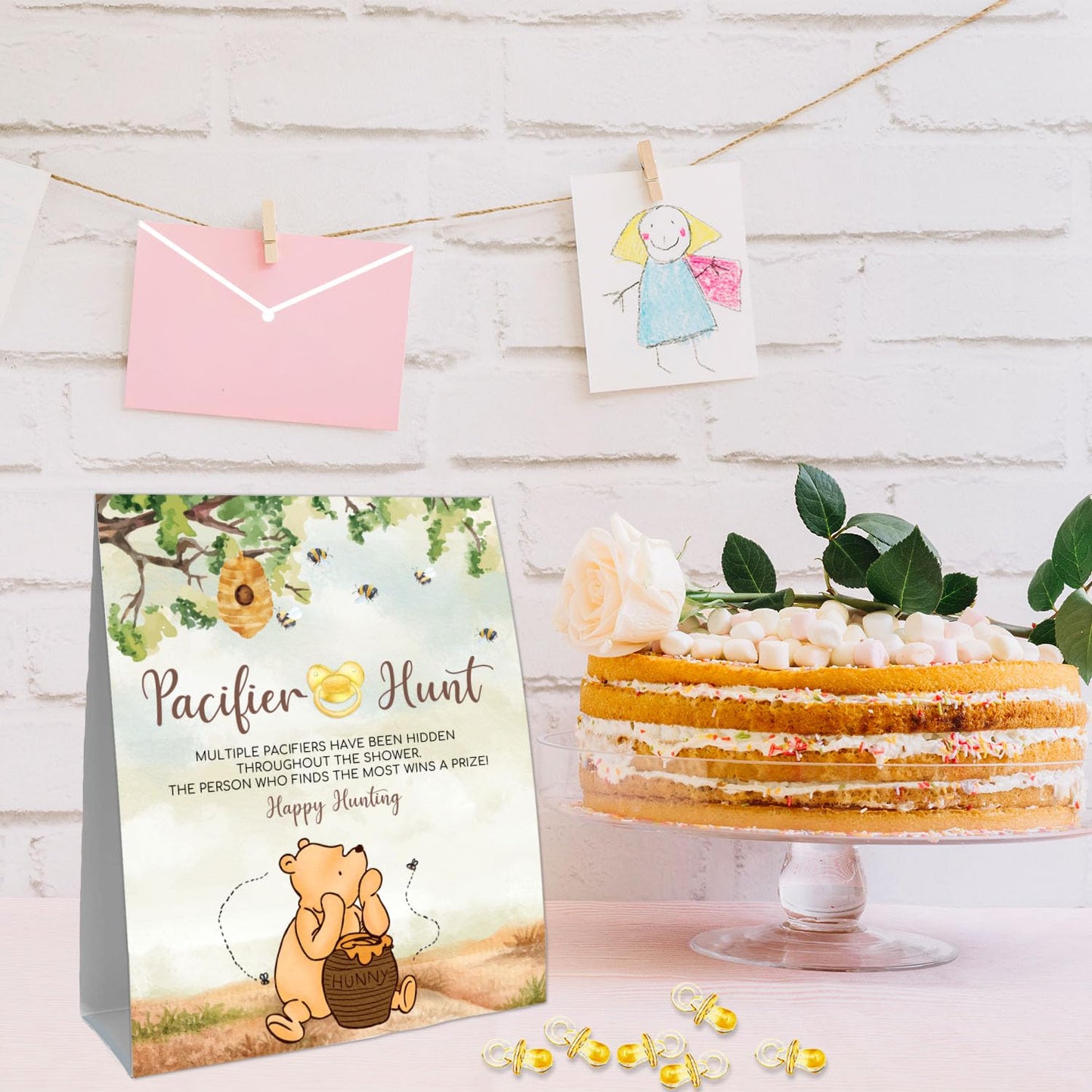 Guawubiang Winnie Mini Pacifiers Baby Shower Game, Pacifiers Hunt Sign, Classic Pooh Baby Shower Game Set, 50Pcs Yellow Mini Pac