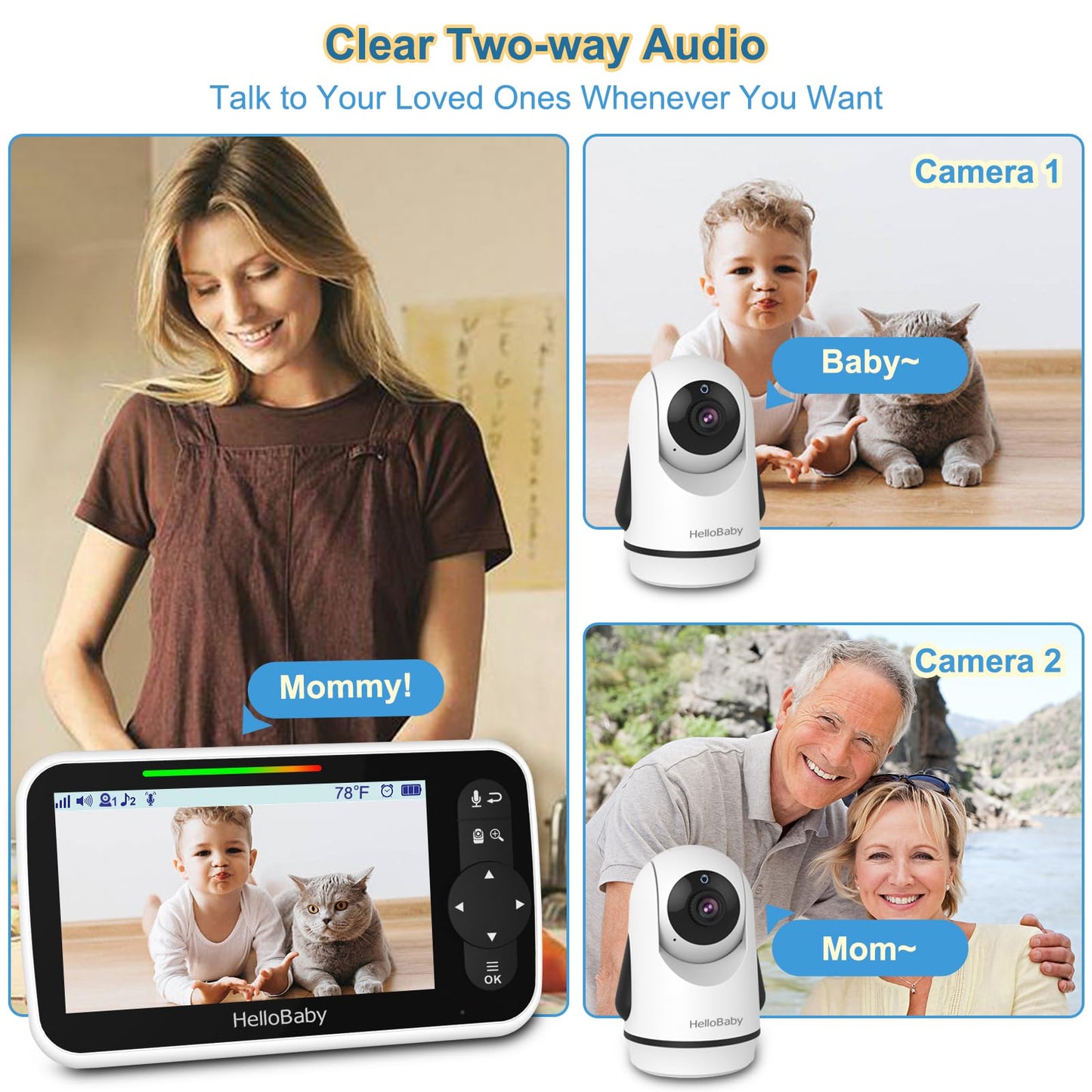 Hellobaby Video Baby Monitor With 2 Cameras And 5 Inch Split Screen Display, Remote Control Cameras With Night Vision And Tempra