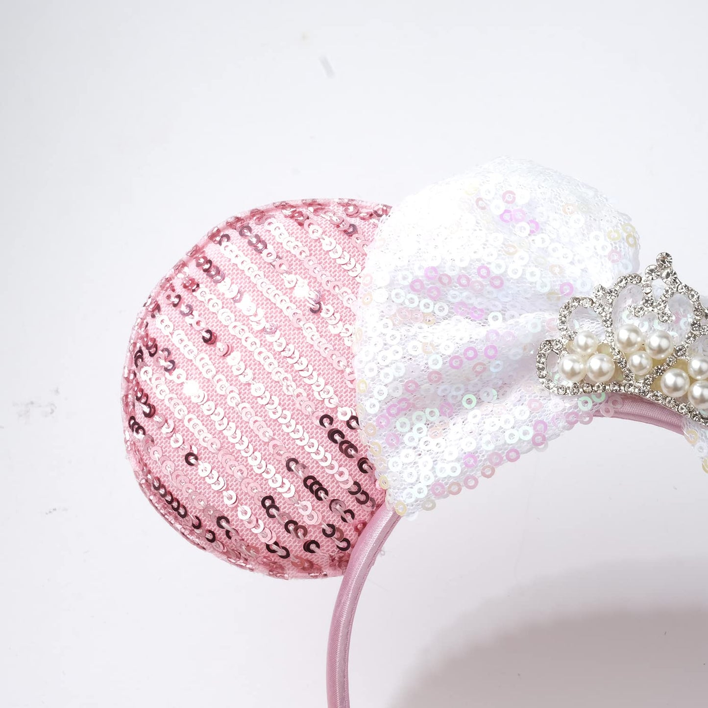 Foeran Mouse Ears Headbands Shiny Bows Mouse Ears Glitter Party Princess Decoration Cosplay Costume For Girls Women (Pearl Crown