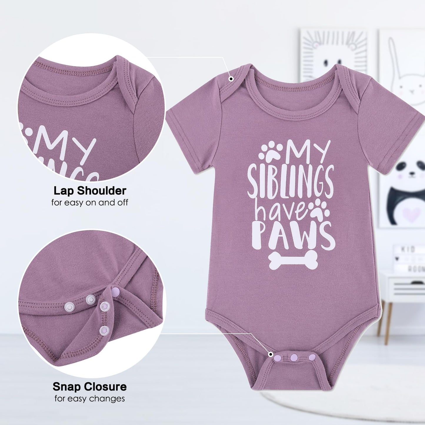 Funnycokid Baby My Siblings Have Paws Purple Onsies 0-3 Months Bodysuit Mauve Unisex Baby Clothes Cute Gender Neutral Baby Gift